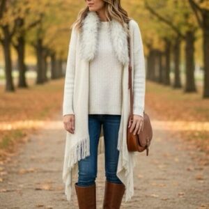 Northern Angel Anthropologie Knit Vest Faux Fur Collar Fringe Hem L/XL Boho